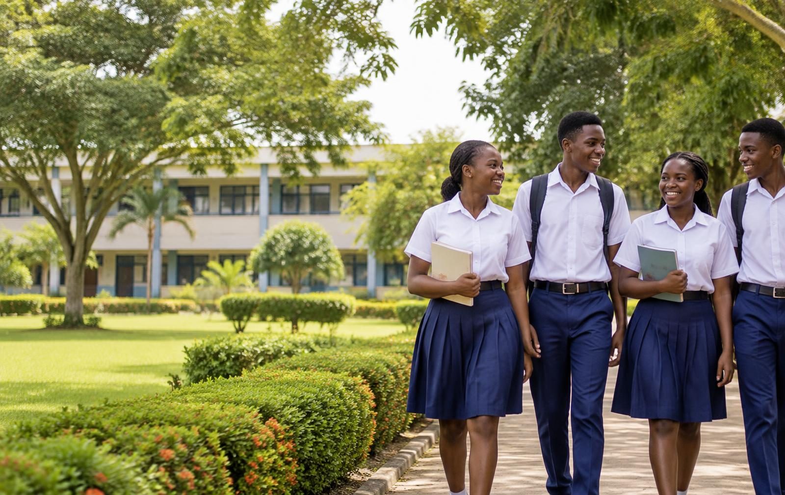 Representative Ghanaian students walking together in a school environment